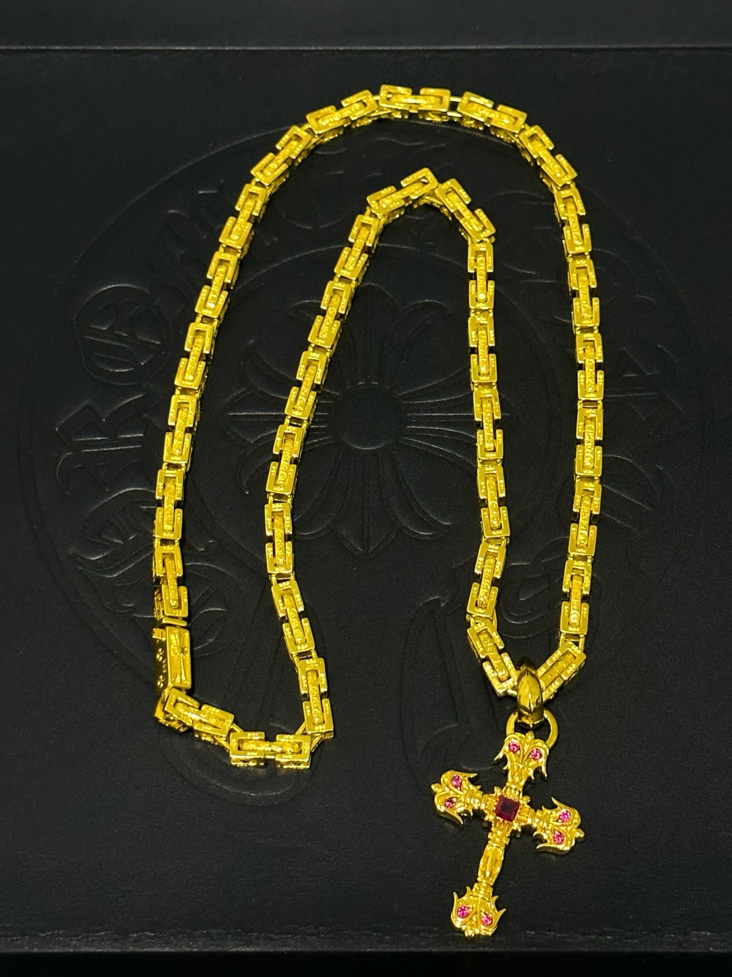 Chrome Hearts Gold Plated Cross Pendant with Ruby Stones